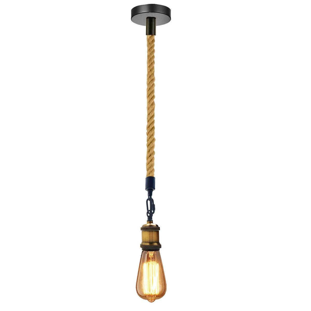 Hemp rope ceiling light hanging from a single vertical hemp rope, 1m length, with metal E27 socket.