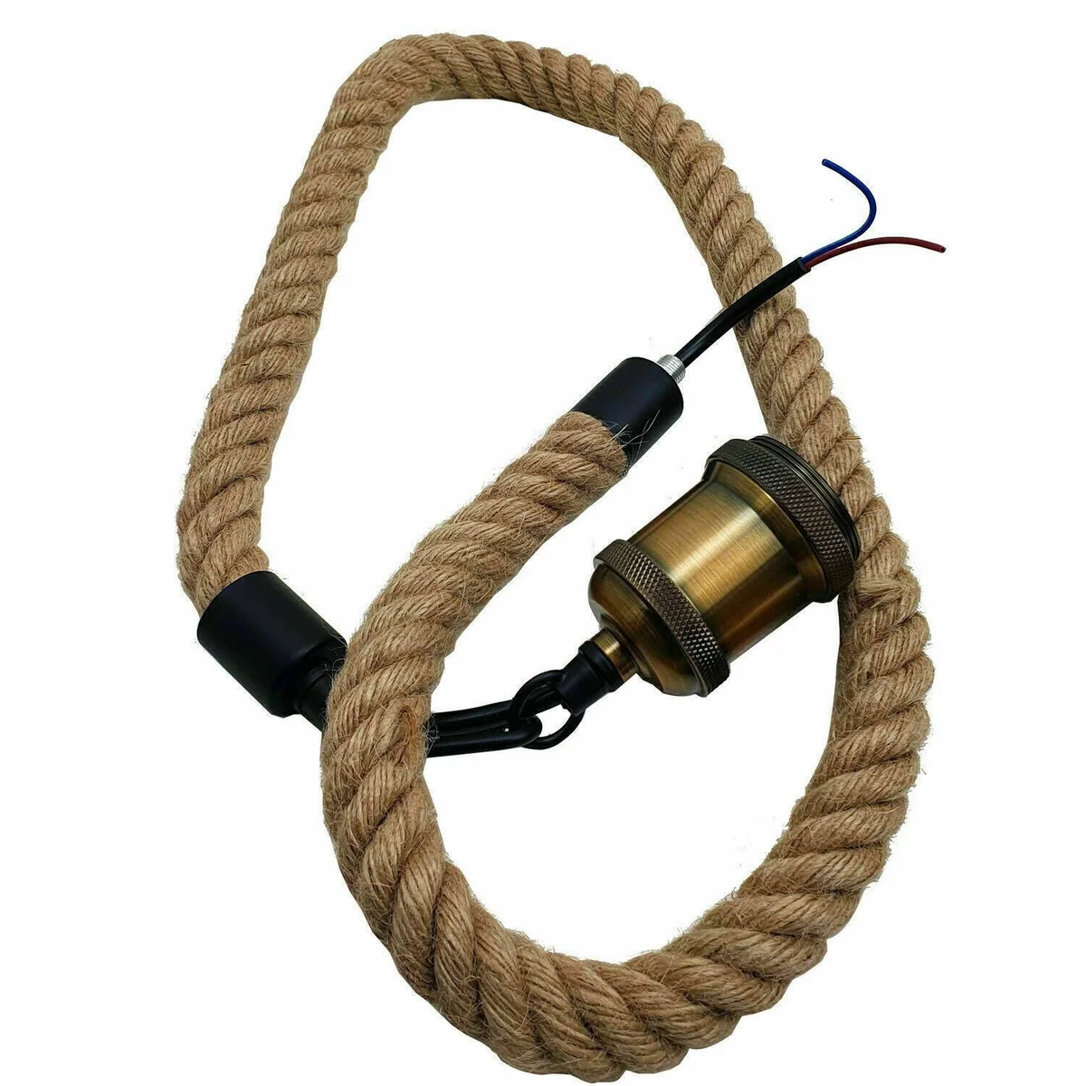 A vintage hemp rope pendant light in natural hemp colour hanging from ceiling with a single E27 socket, retro style pendant lighting.