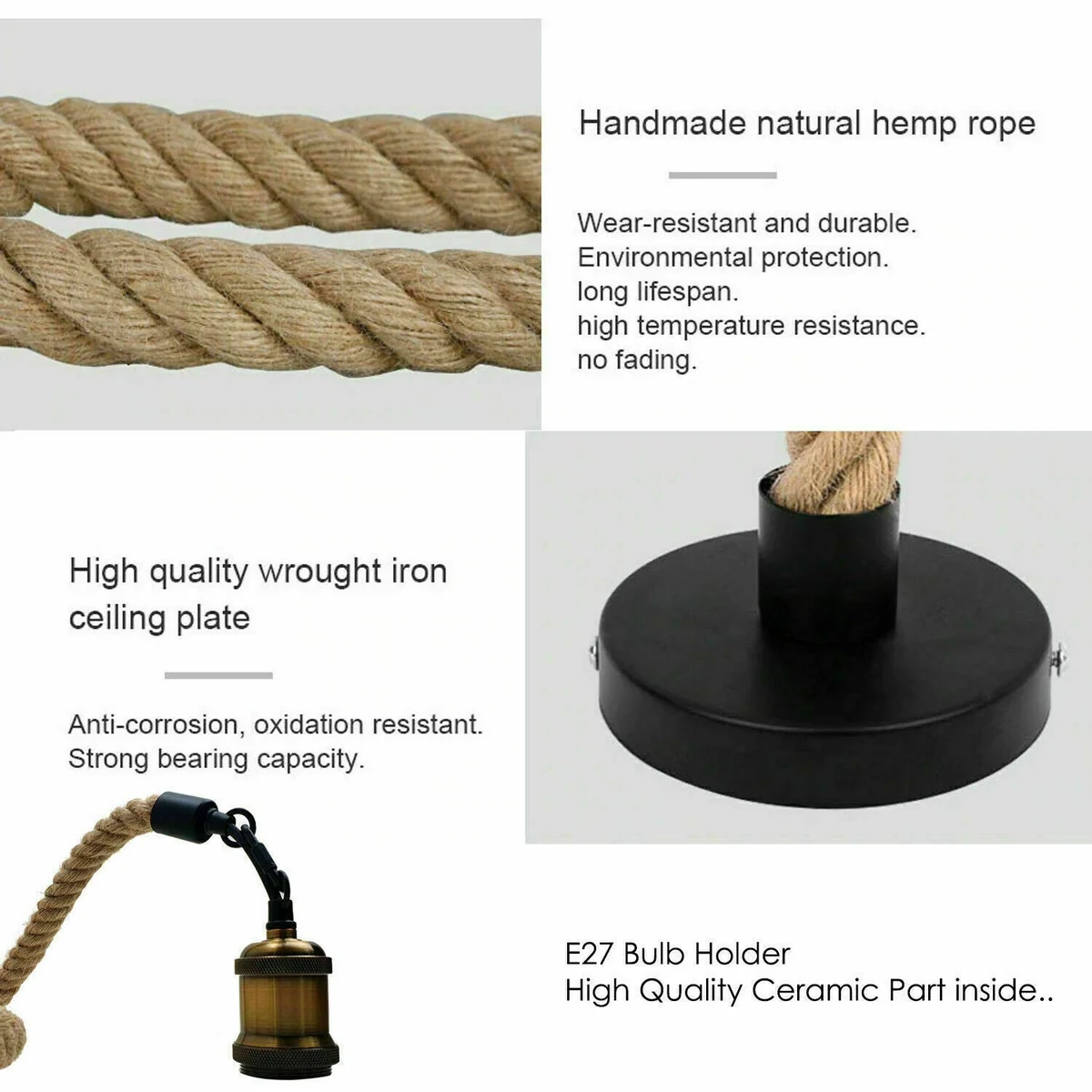 Hemp rope pendant light hanging from ceiling, 1m hemp cord with metal hook, vintage industrial style