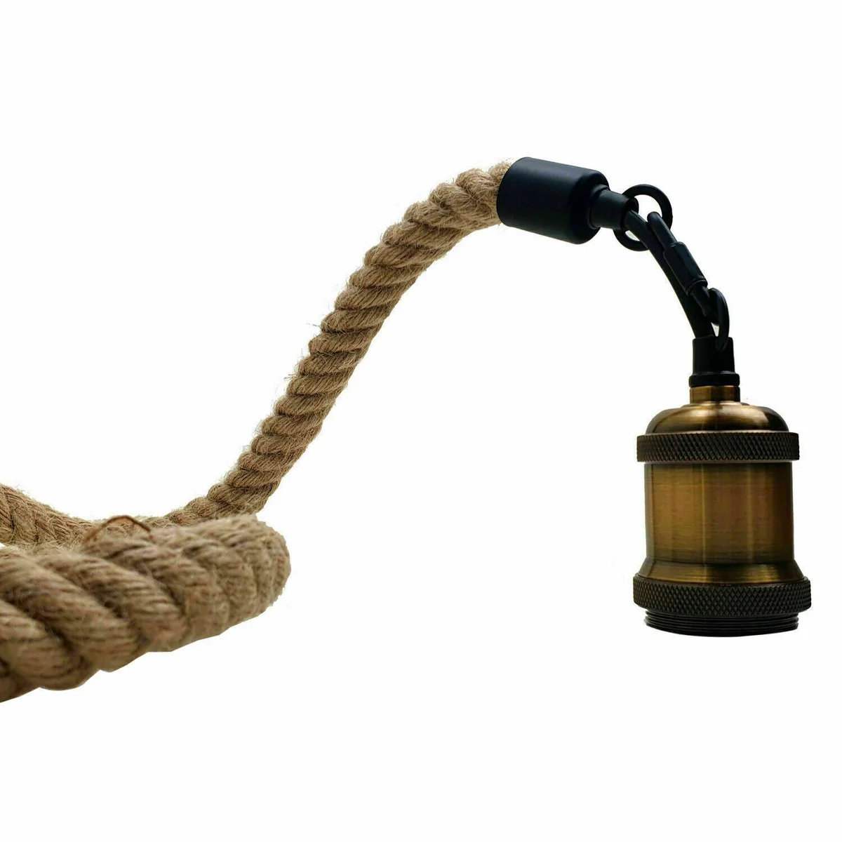 Vintage hemp rope pendant light with natural rope and metal shade, hanging from ceiling, perfect for living room or restaurant.