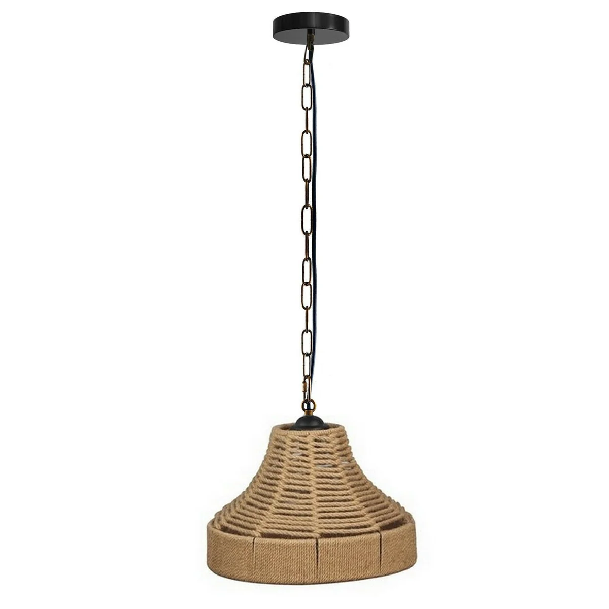 Hemp rope industrial bell-shaped pendant light with metal + PVC base, 95cm cable, E27 socket.
