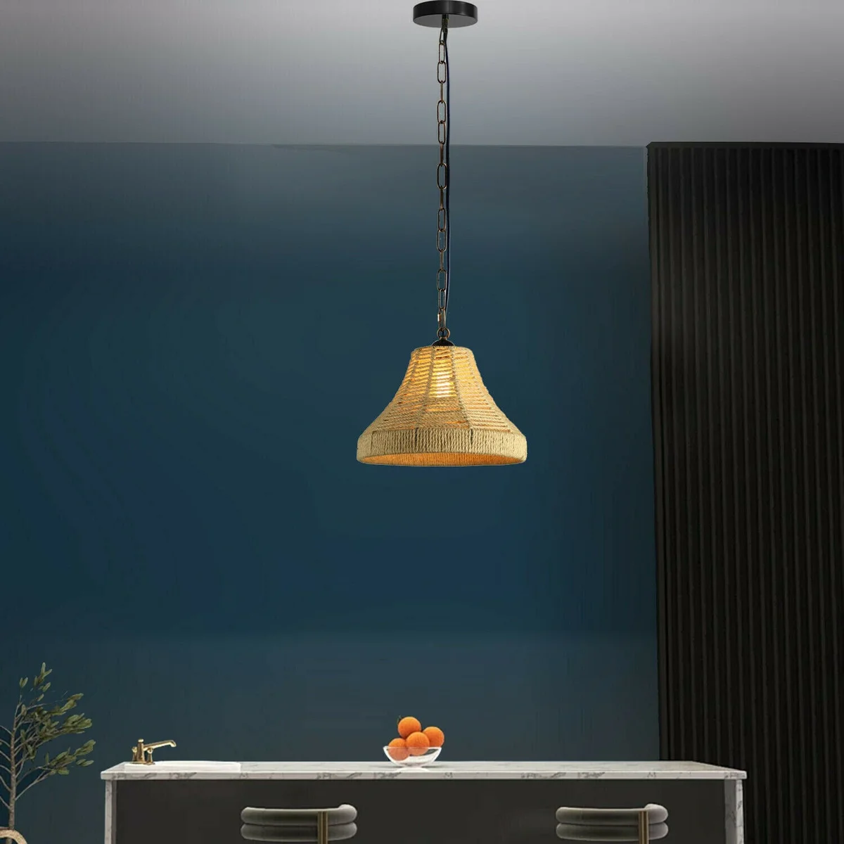 Hemp rope hanging LED bell shape E27 ceiling light with metal frame and PVC cable, 95cm