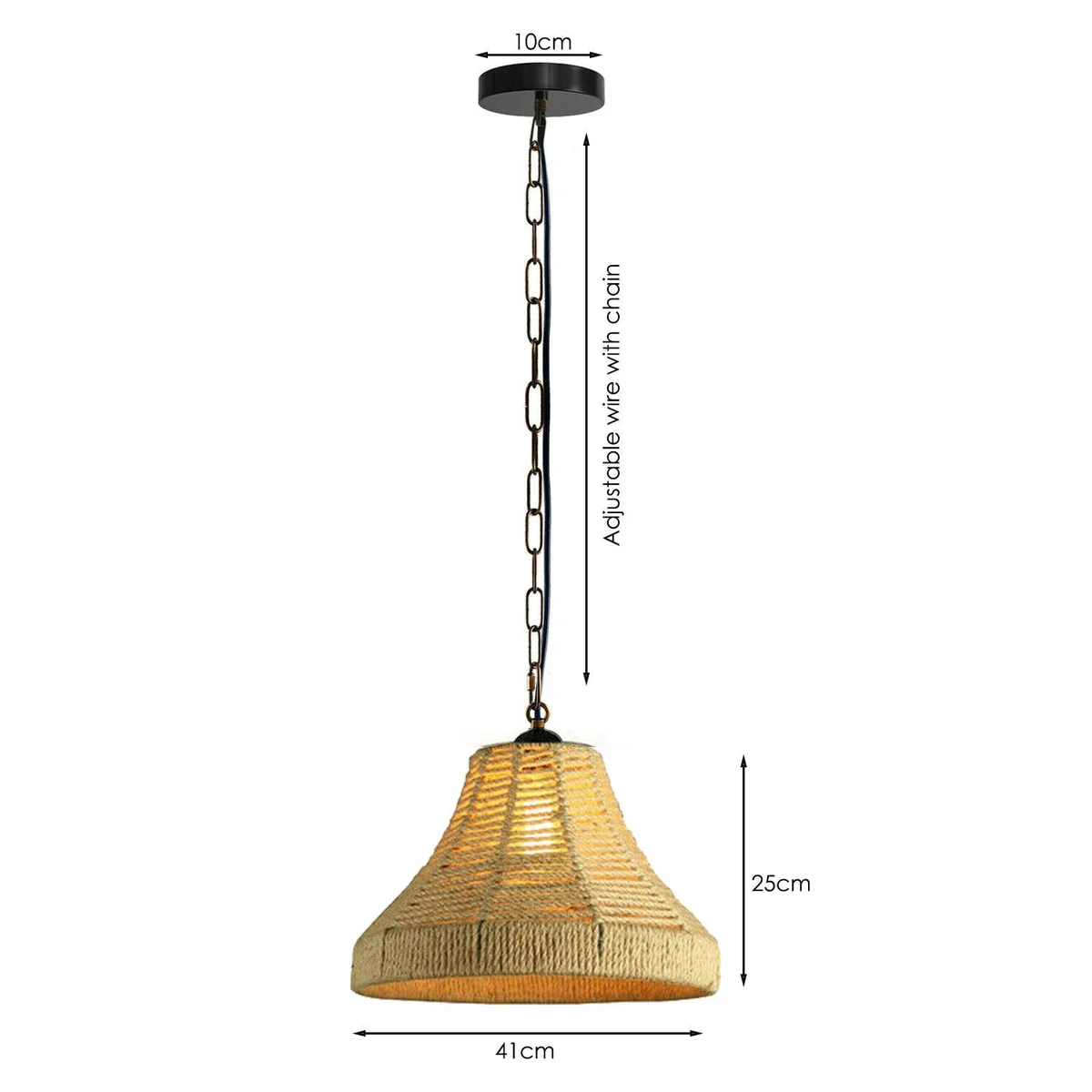 Industrial bell-shaped metal and PVC pendant lamp hanging from hemp rope, 95cm cable, includes E27 lamp base.