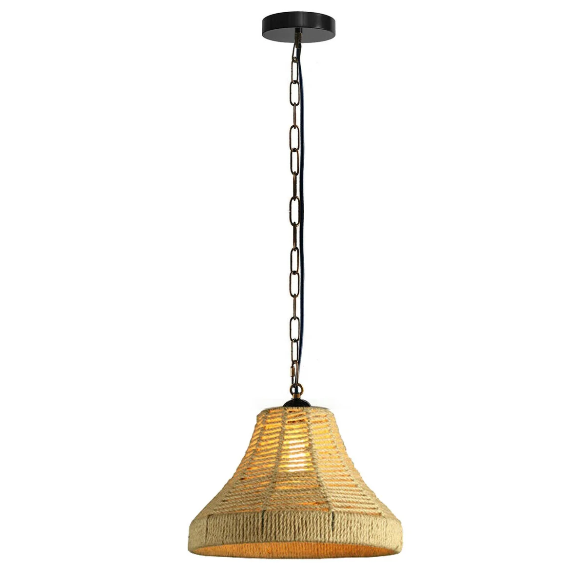 Hemp rope hanging bell-shaped industrial pendant light with metal base, 95cm hemp rope cable, warm ambient lighting.