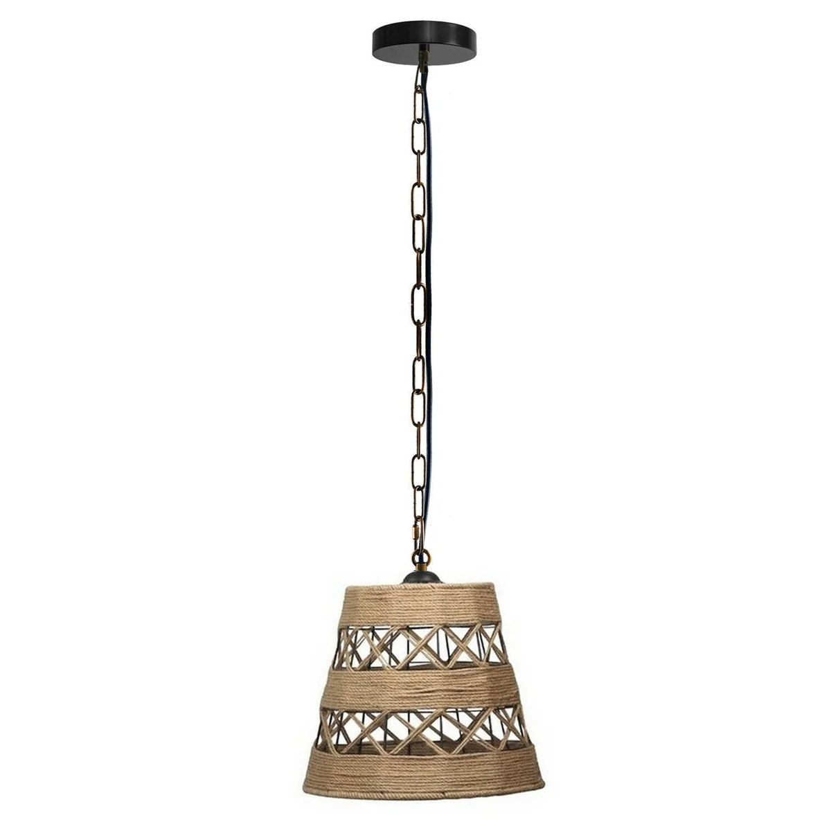 Drum shape pendant light with hemp rope cord, black metal base, white-walled shade hanging over a ceiling