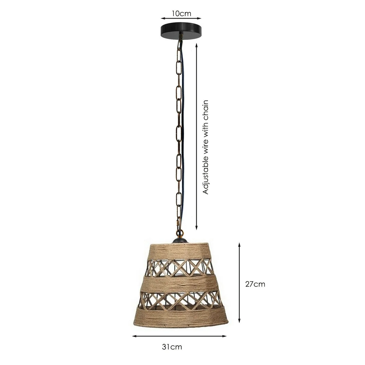 E27 hanging lamp with drum-shaped metal shade and hemp rope suspension, 95cm cable