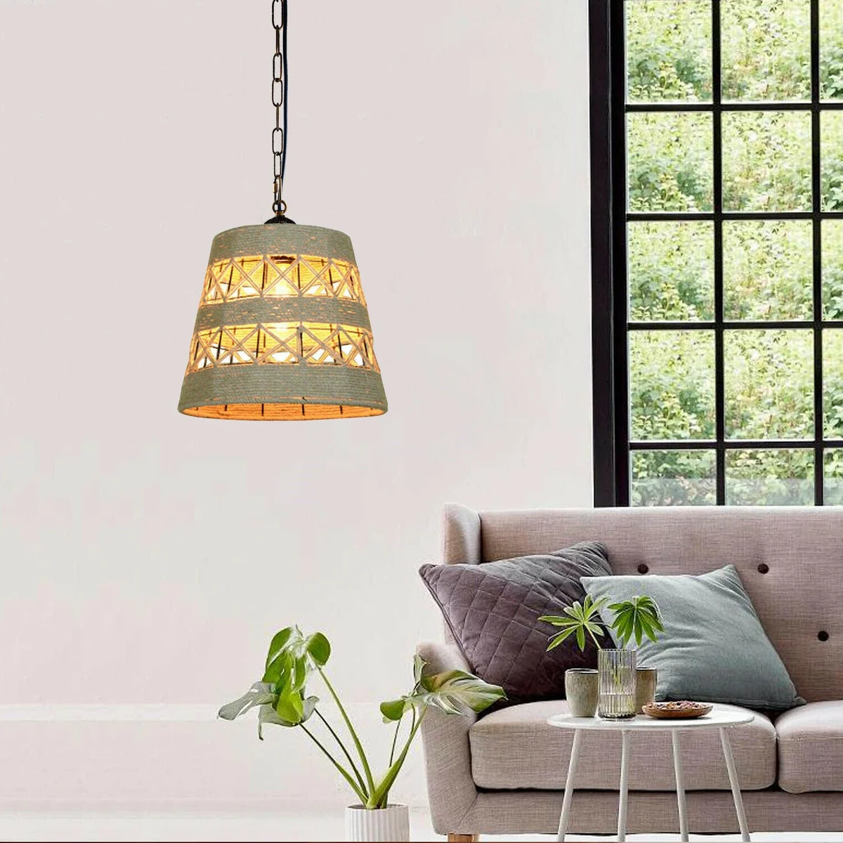 Modern ceiling pendant featuring hemp rope hanging light with metal base and PVC cable, 95cm in length.
