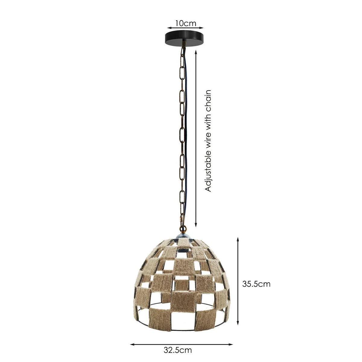 E27 pendant light with metal body and hemp‑weighted chain, black and hemp silk coil, 95cm cable for wall or ceiling.