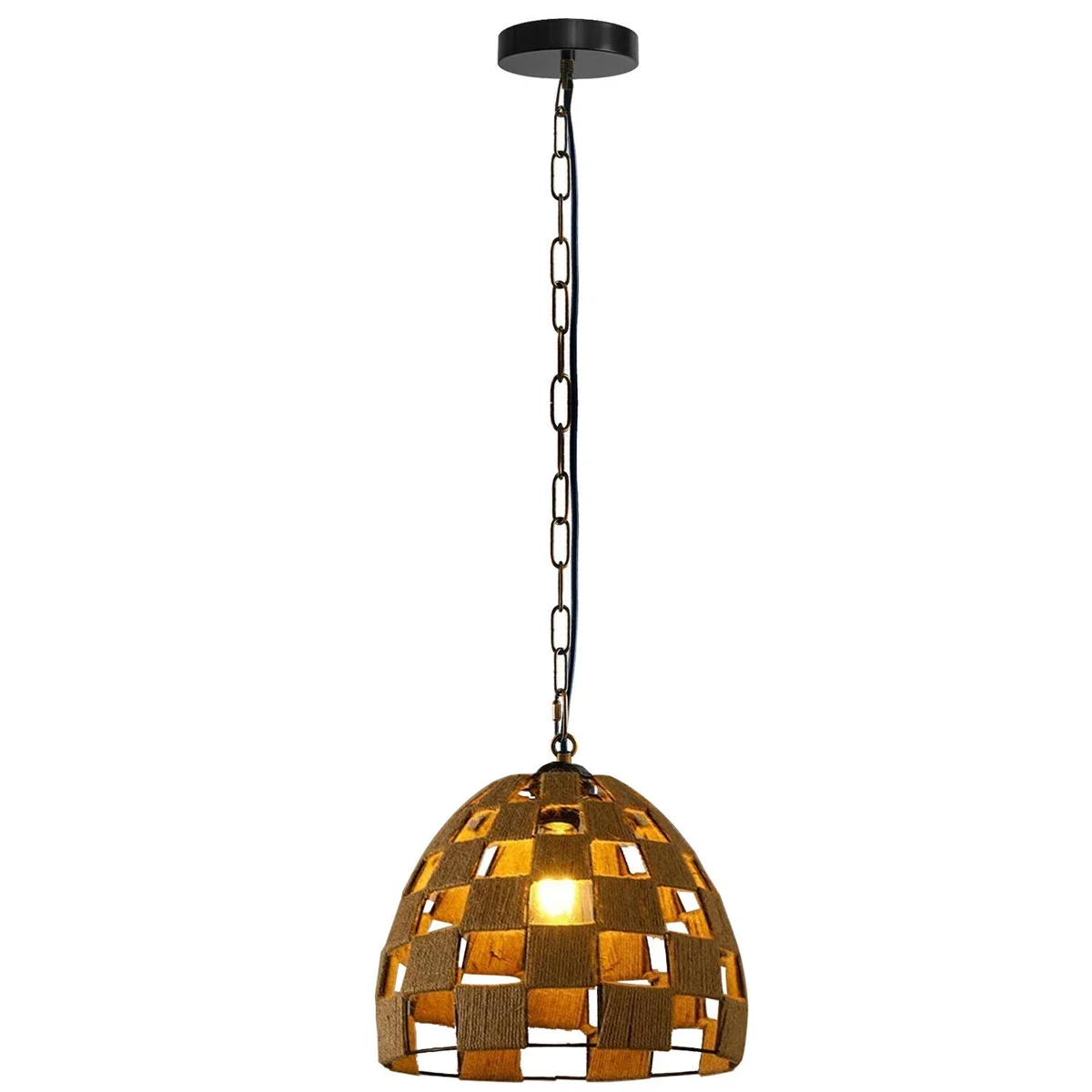 hemp pendant lamp hanging on 95cm chain from metal base, black and hemp colours, PVC cable, E27 lamp base