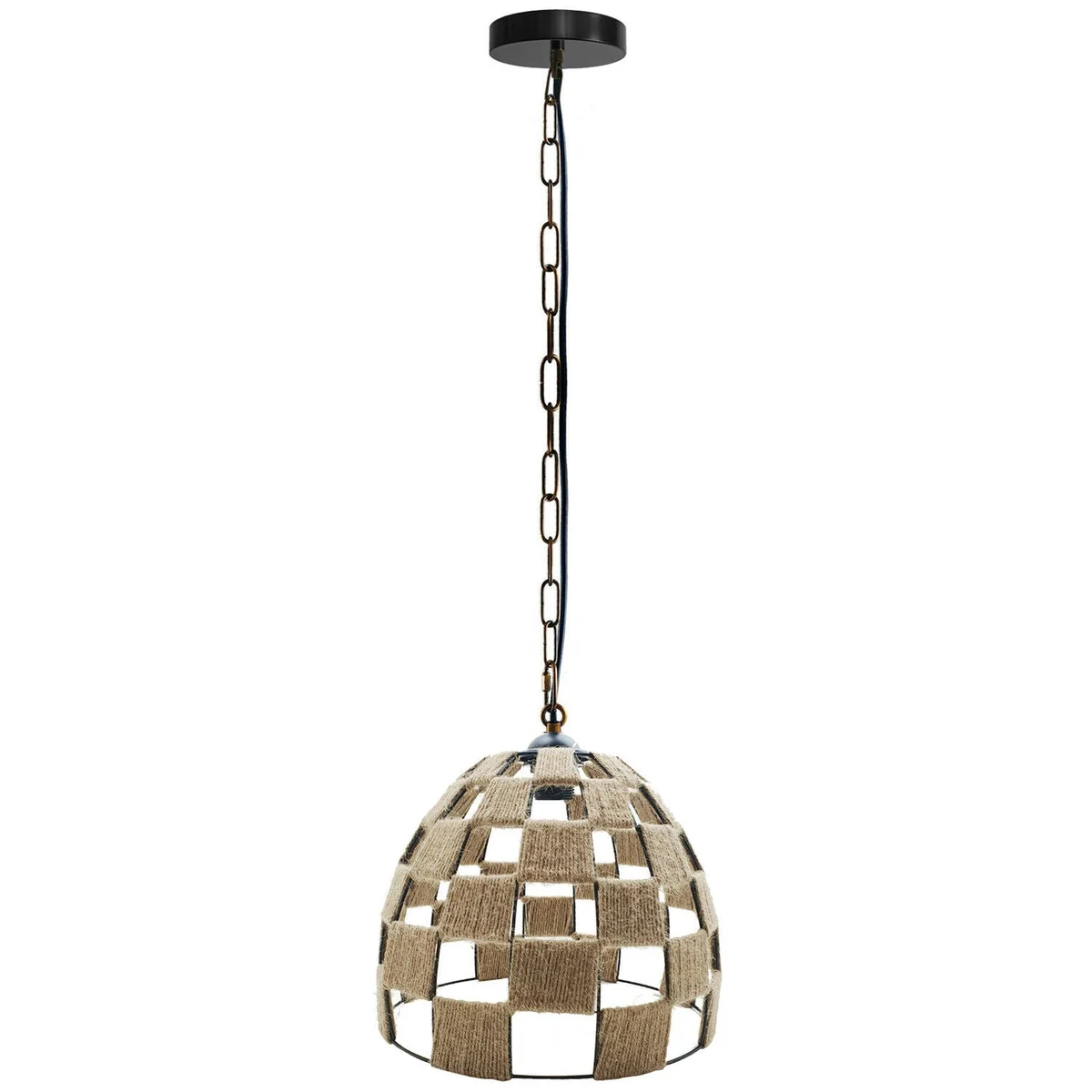 Boho pendant lamp hanging with 95cm hemp wire chain, metal base, black and hemp, creating romantic atmosphere lighting