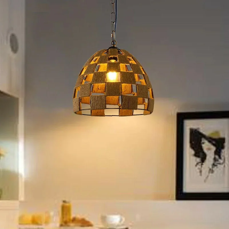 Boho pendant light: hemp and black metal/pvc with 95cm chain, 10cm ceiling plate, hanging from ceiling.