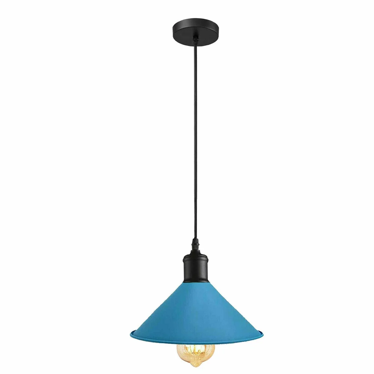 Blue metallic pendant lamp with 10cm ceiling rose, industrial style ceiling lamp for modern loft or dining, 95cm cable.