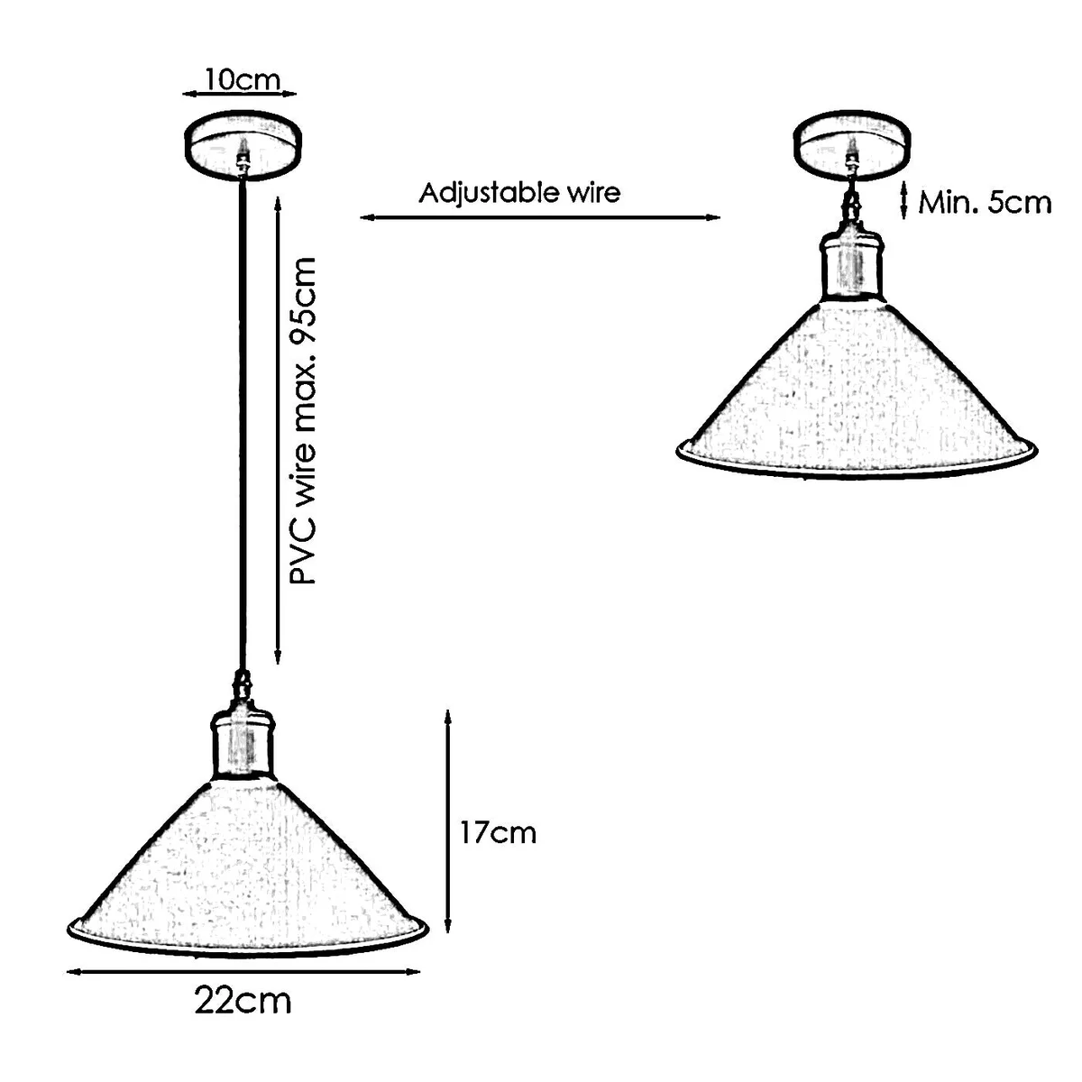 Blue industrial metal pendant light with a vintage lampshade hanging above a kitchen island