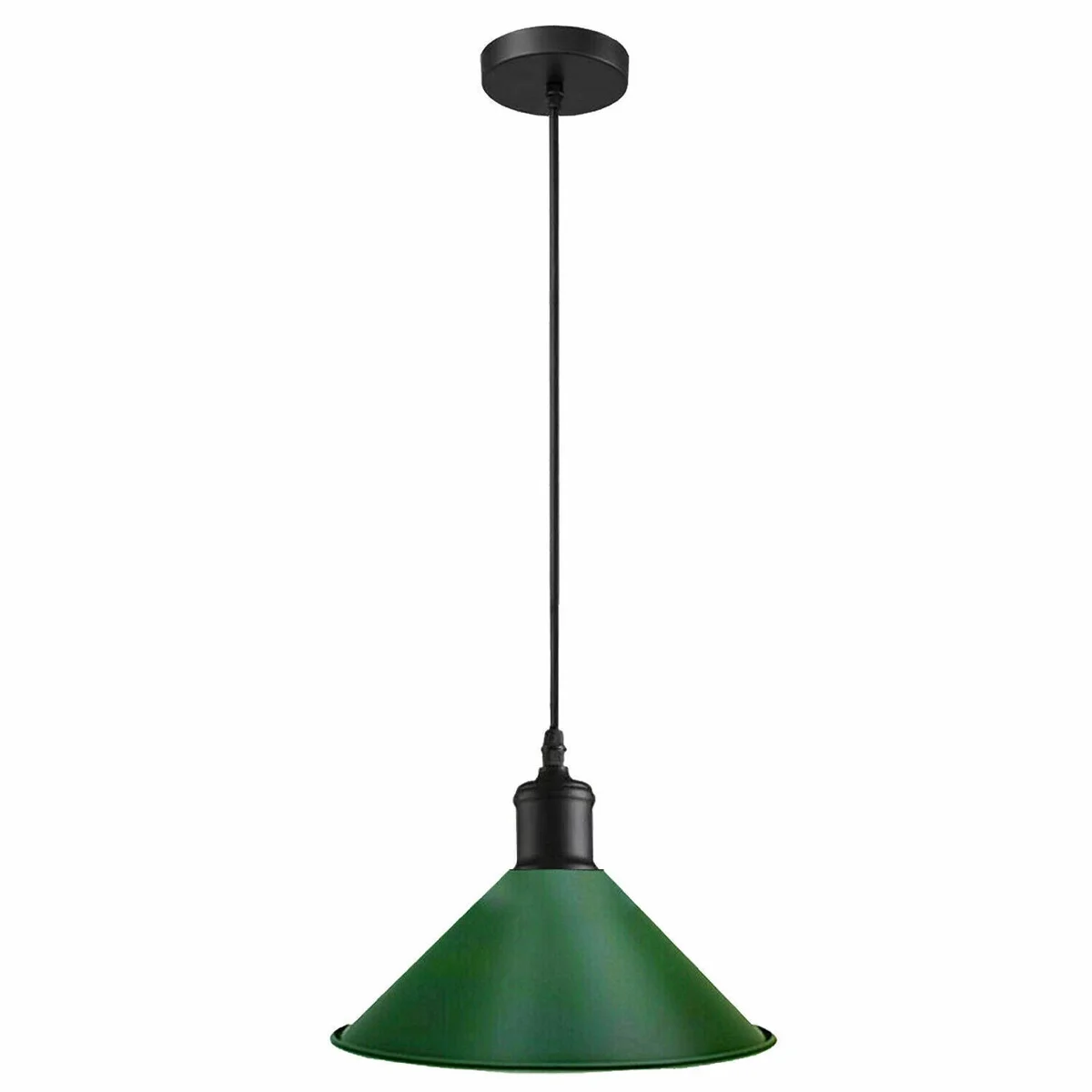 Green pendant lamp with metallic frame and vintage shade, hanging from a 10 cm ceiling rose.