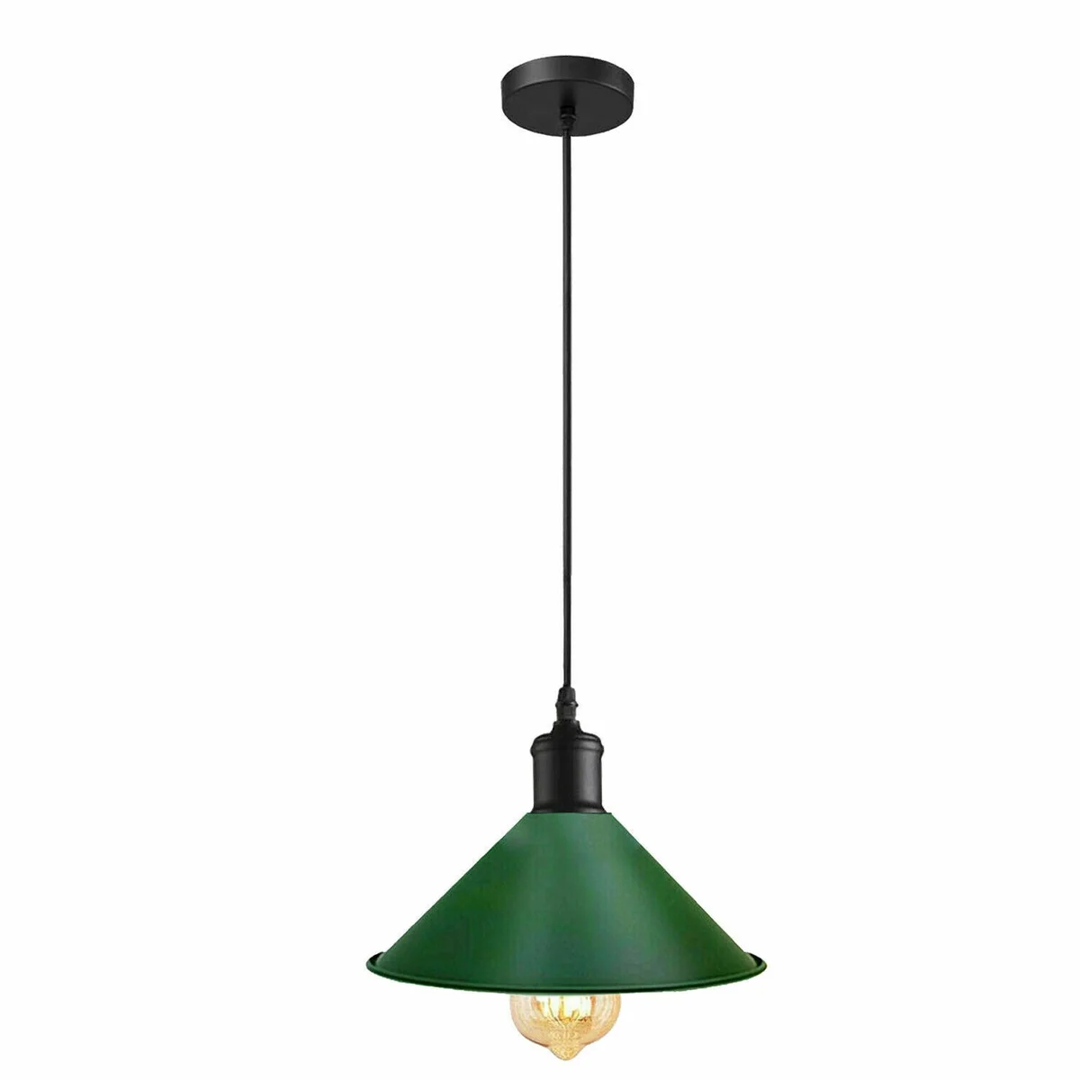 Green industrial style pendant light with metal frame, 10cm rose, suspended over kitchen island.