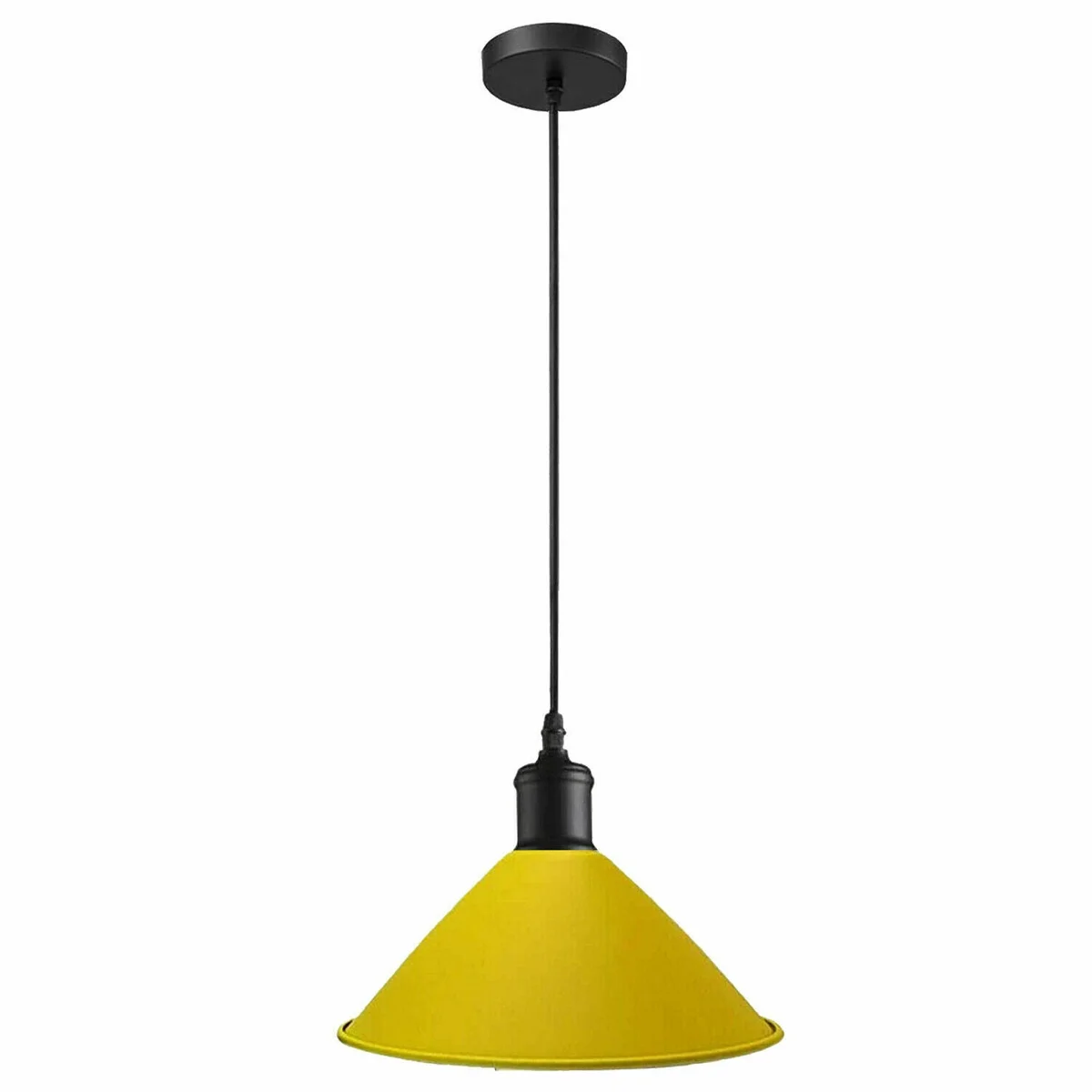 Yellow pendant lamp with industrial metal frame and vintage shade, hanging from ceiling.