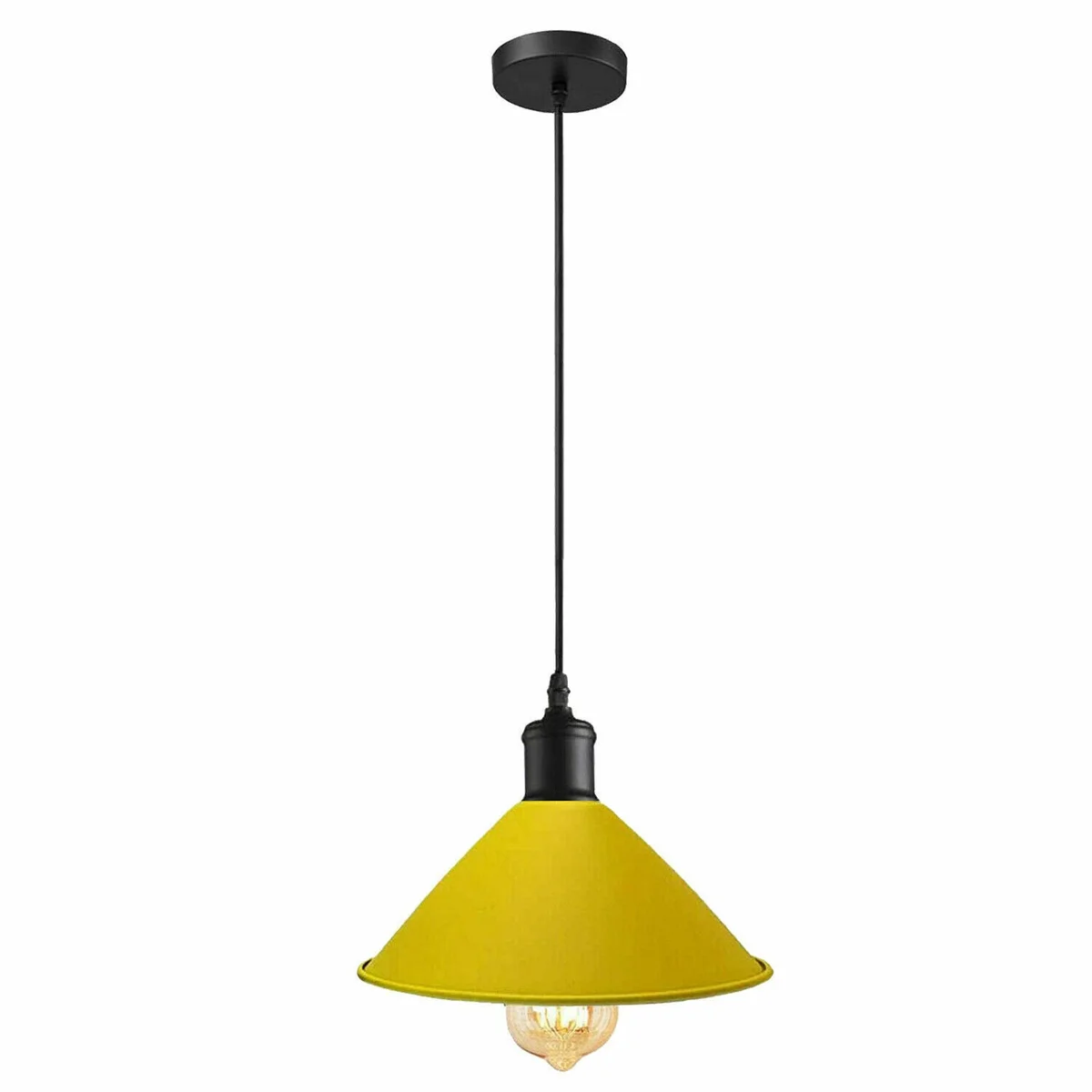 Yellow industrial style ceiling lamp with metallic finish and rectangular shade hanging above a kitchen island