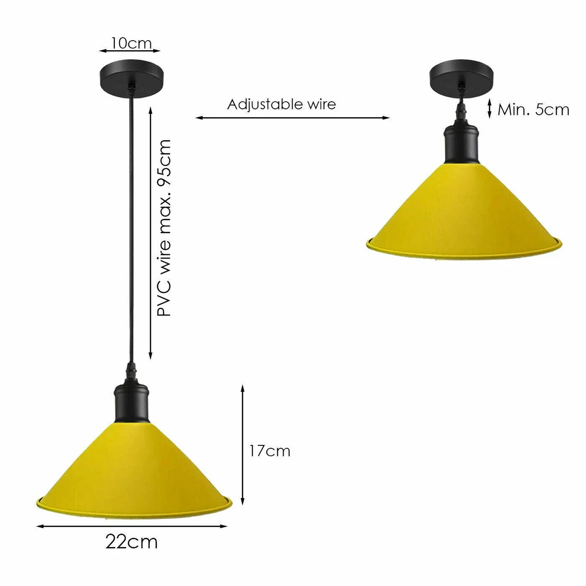 Yellow metal pendant lamp with industrial style shade hanging from a 10cm ceiling rose.
