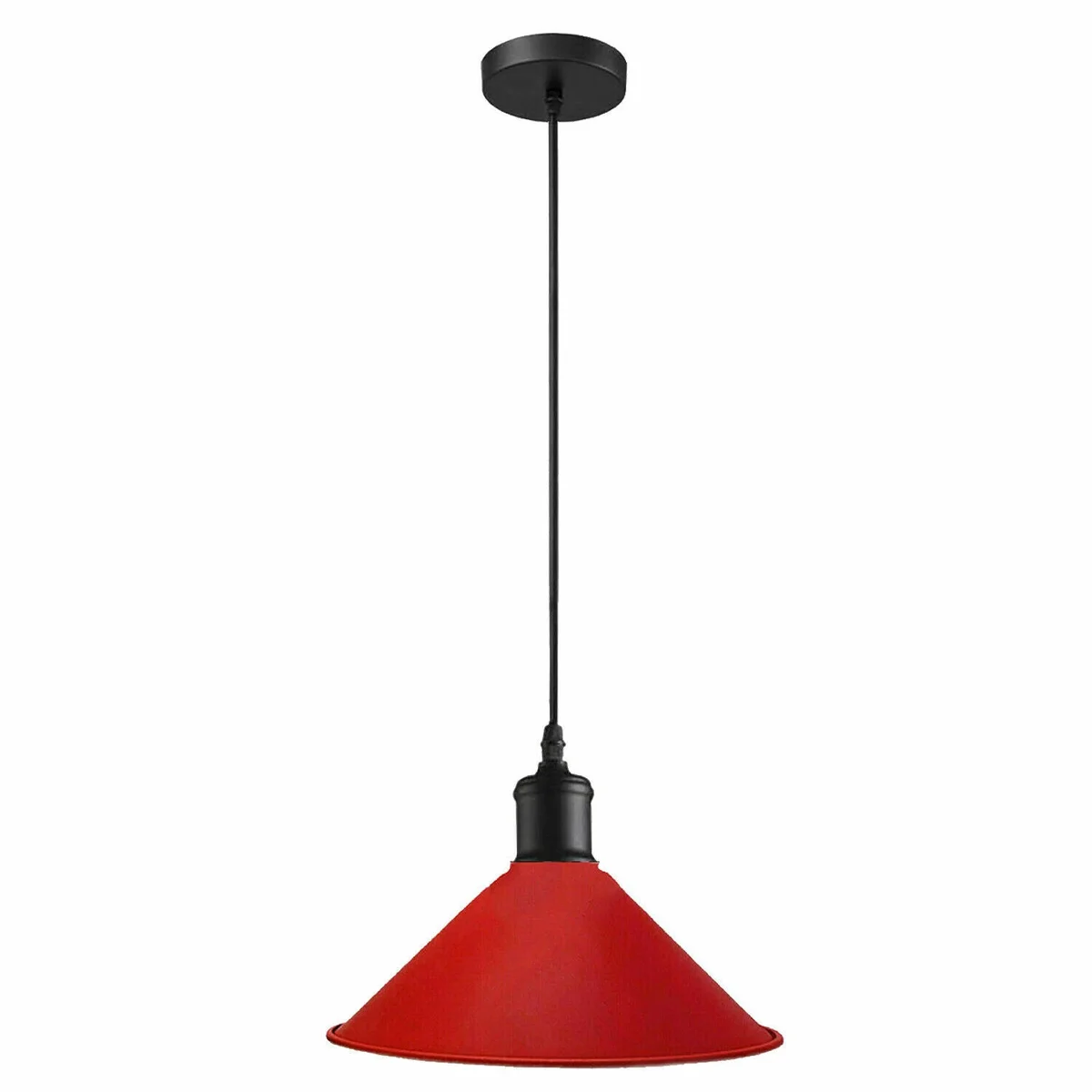 Red pendant lamp with industrial metallic finish, hanging from ceiling rose, suitable for kitchen island or dining table.