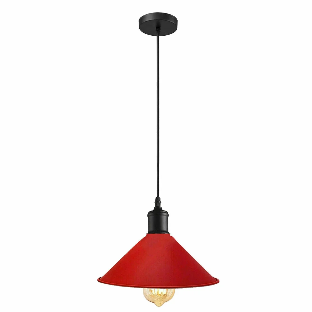 Red industrial style ceiling lamp with metal frame and pendant shade hanging from ceiling with 95cm cable.