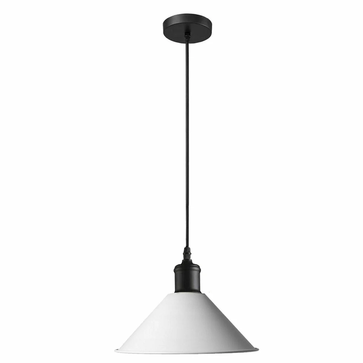 White pendant lamp with metallic finish and vintage lampshade hanging from a 10cm ceiling rose – industrial style.
