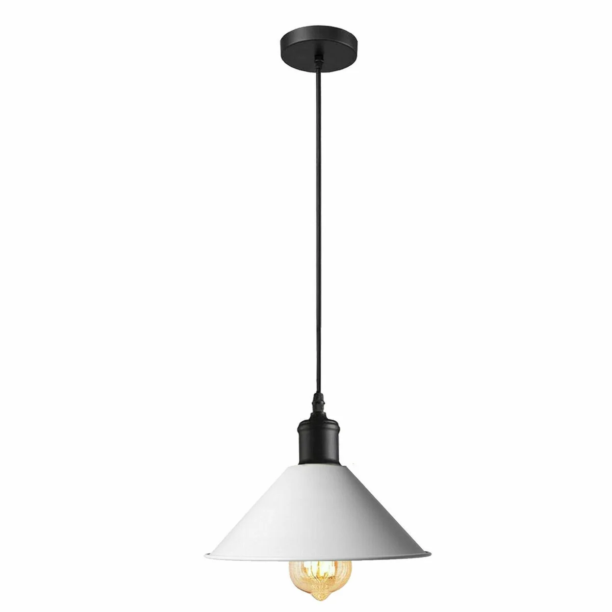 White industrial style light pendant lamp with metallic finish suspended over a kitchen island