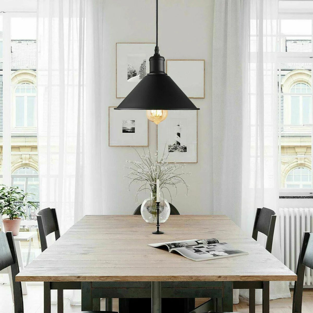 Black pendant lamp with metallic finish, E27 holder, 95 cm cable, 10 cm ceiling rose, industrial vintage style.