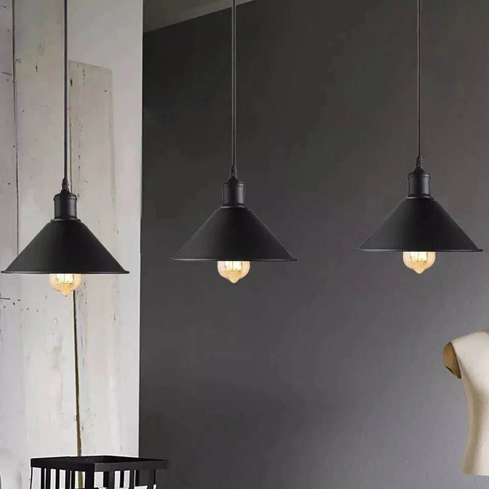 Black metallic pendant lamp with industrial style ceiling light, featuring a 10cm ceiling rose and 95cm cable.