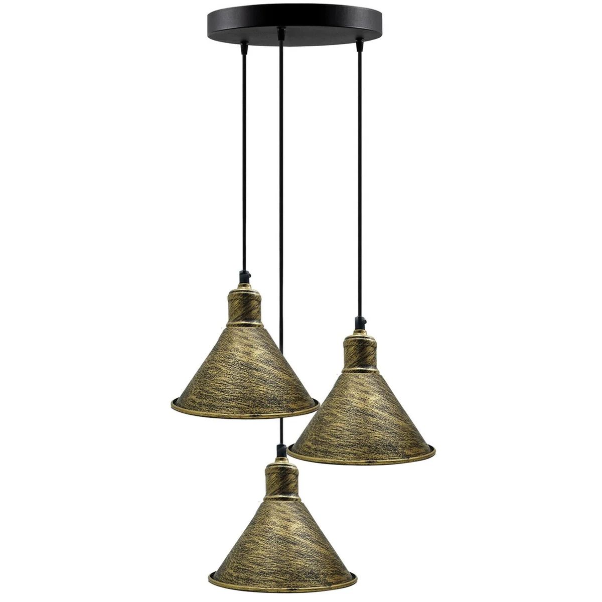 industrial pendant light with three glass shades suspended from a black metal cage wire frame and brass accents