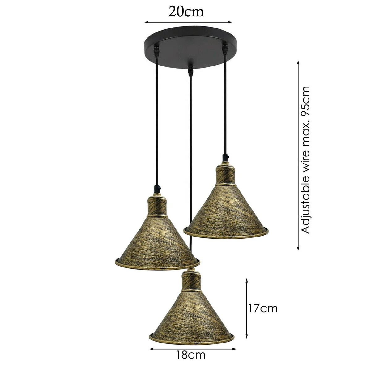 Metal cage chandelier with three black and brushed brass pendant lamps on PVC wire, industrial loft style