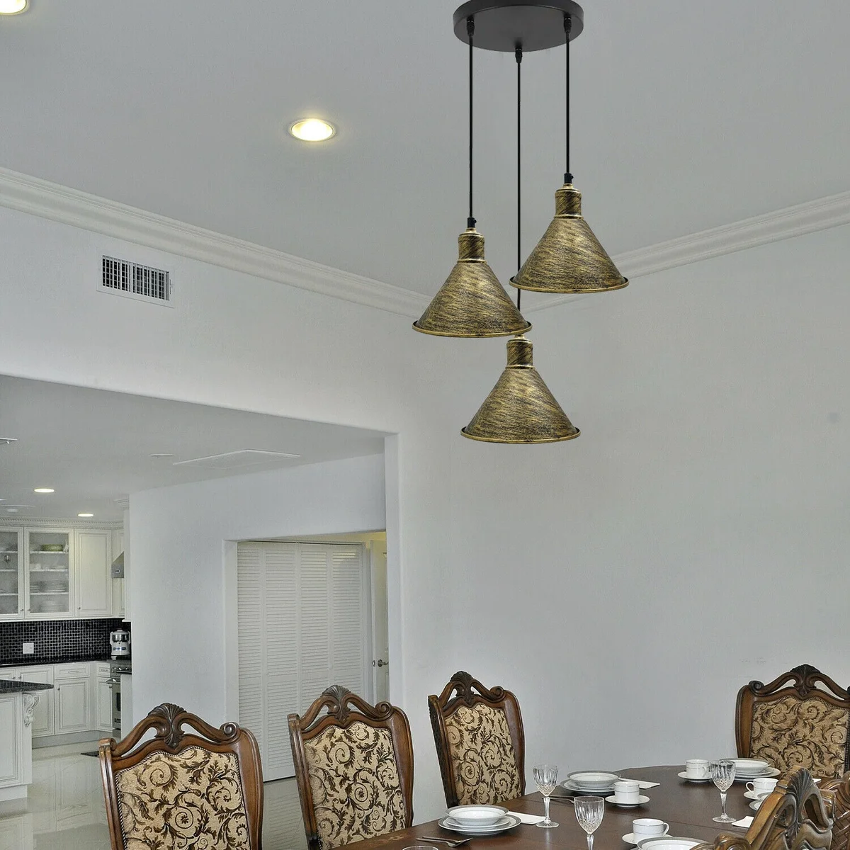 Loft ceiling light with black industrial metal cage frame and three pendant lights hanging from a 95cm cable.