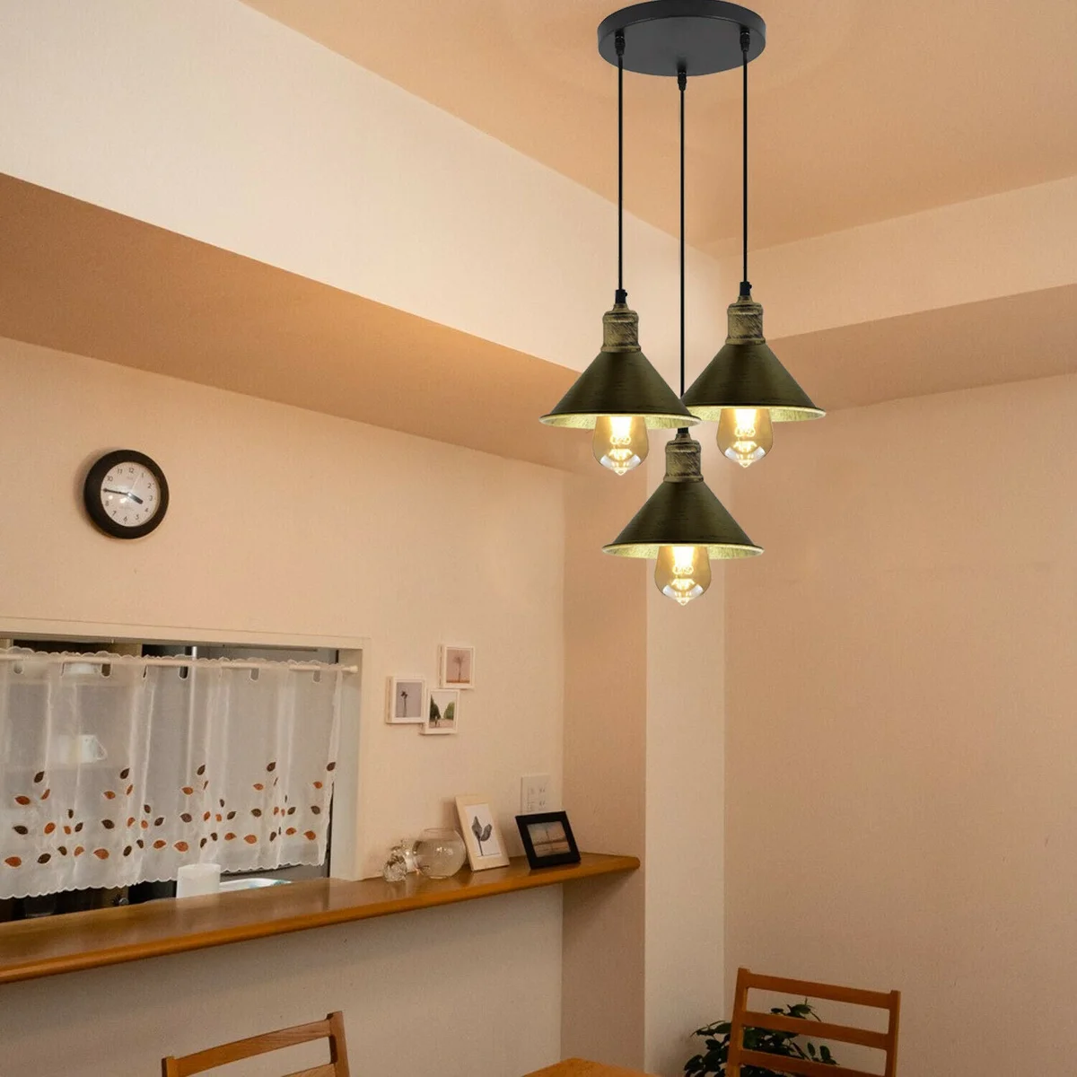 Industrial black metal cage E27 pendant lamp with 3 heads, 95cm cable and 20cm ceiling plate, ready for any E27 bulb