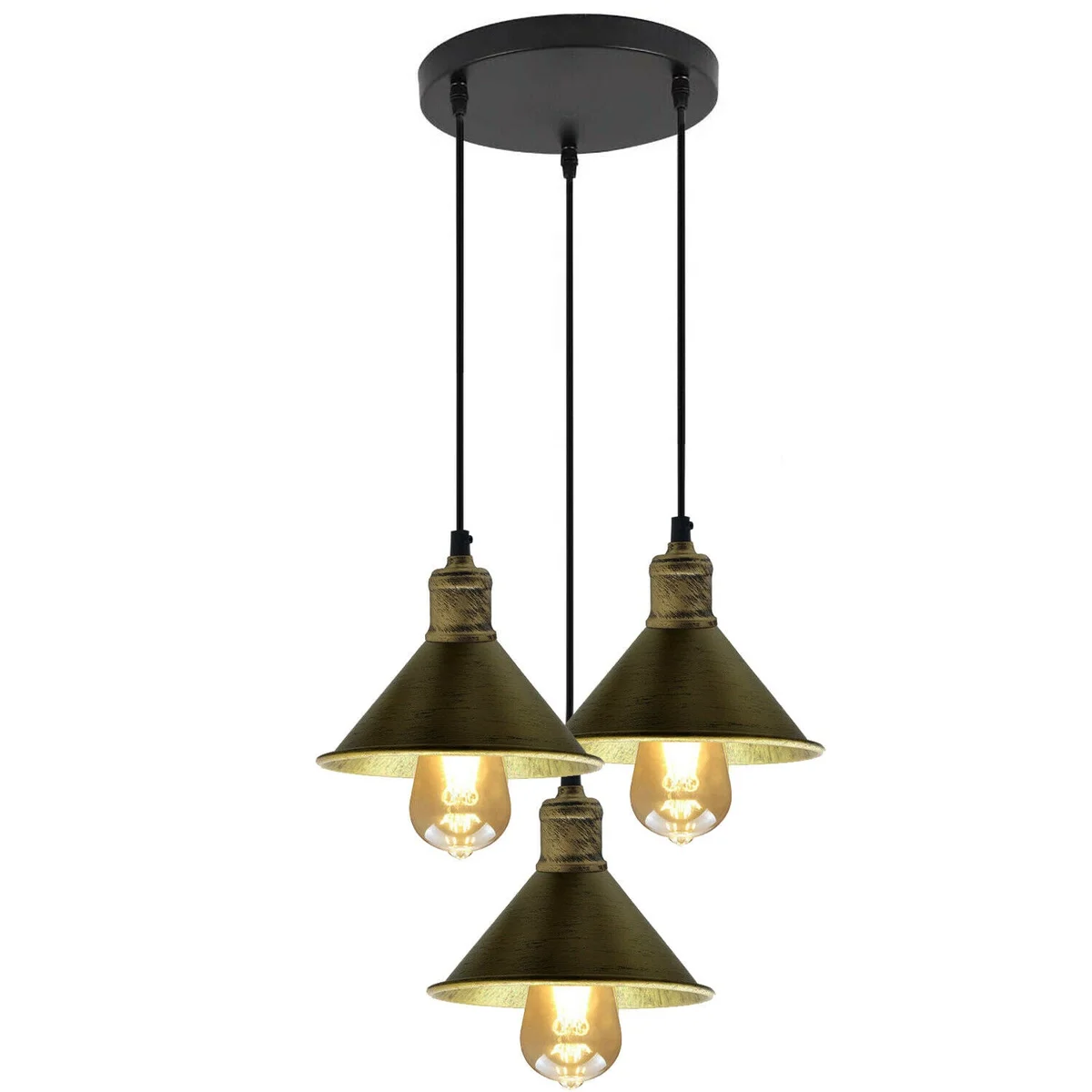 3 head pendant light hanging from metal cage frame with black and brushed brass finish, 3 LED lamp holders, PVC cable.