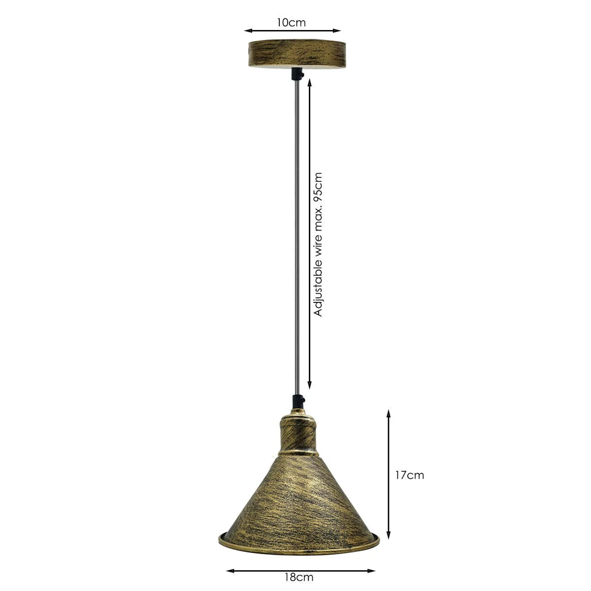 Brushed brass metal ceiling pendant with 10cm diameter plate, 2cm height, 95cm PVC cable and light shade attached.