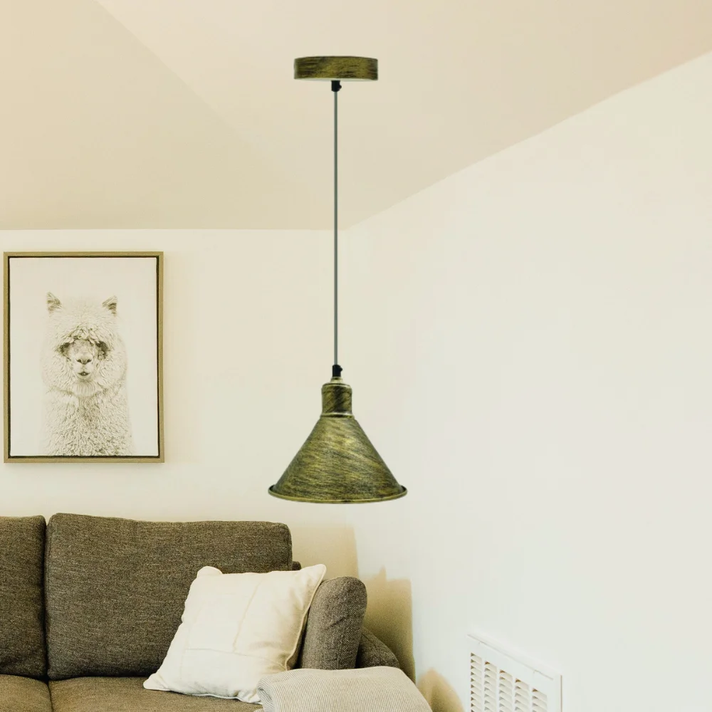 E27 base ceiling light with brushed brass metal body, 10cm diameter shade, 2cm height, hanging on 95cm PVC cable