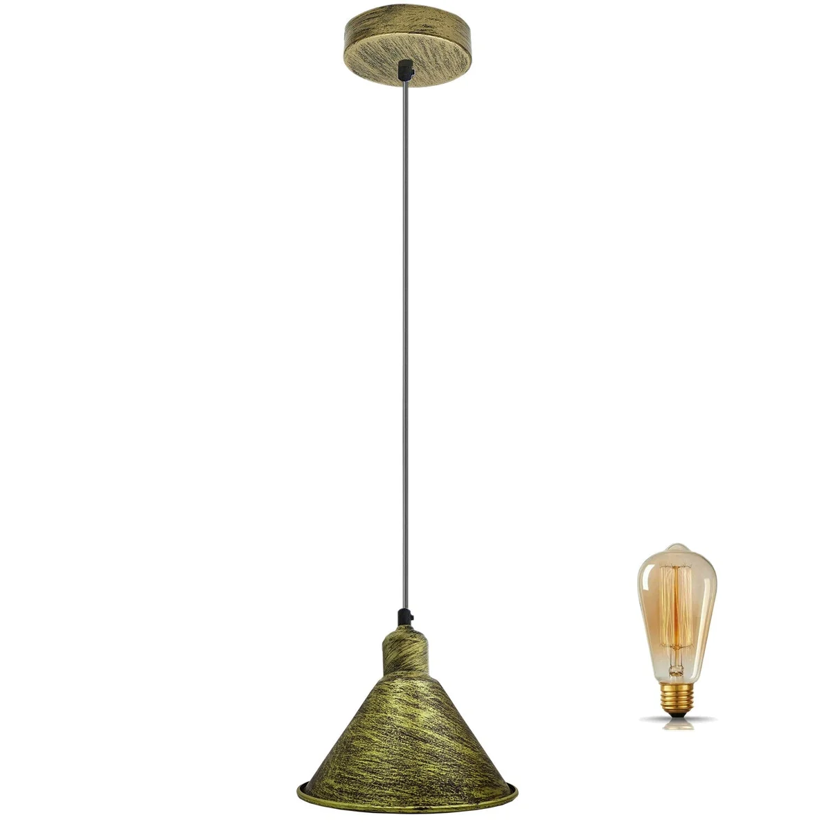 Industrial pendant light with brushed brass metal frame hanging from ceiling via 95cm PVC cable and 10cm diameter shade.