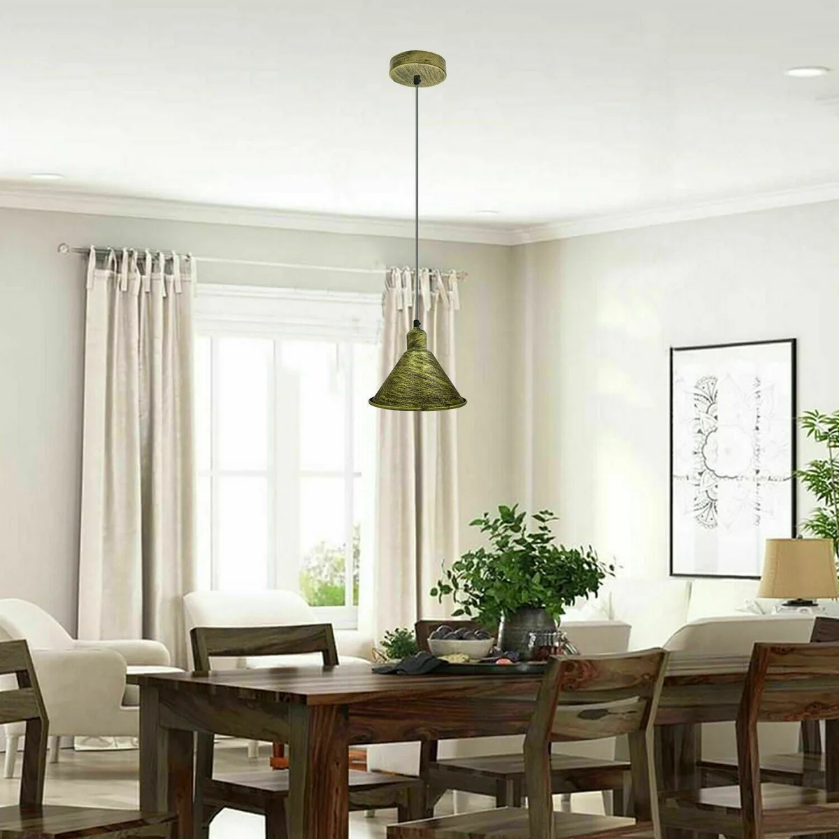 Industrial pendant light with brushed brass metal body, 95 cm PVC cable, 10 cm diameter ceiling plate, hanging from ceiling
