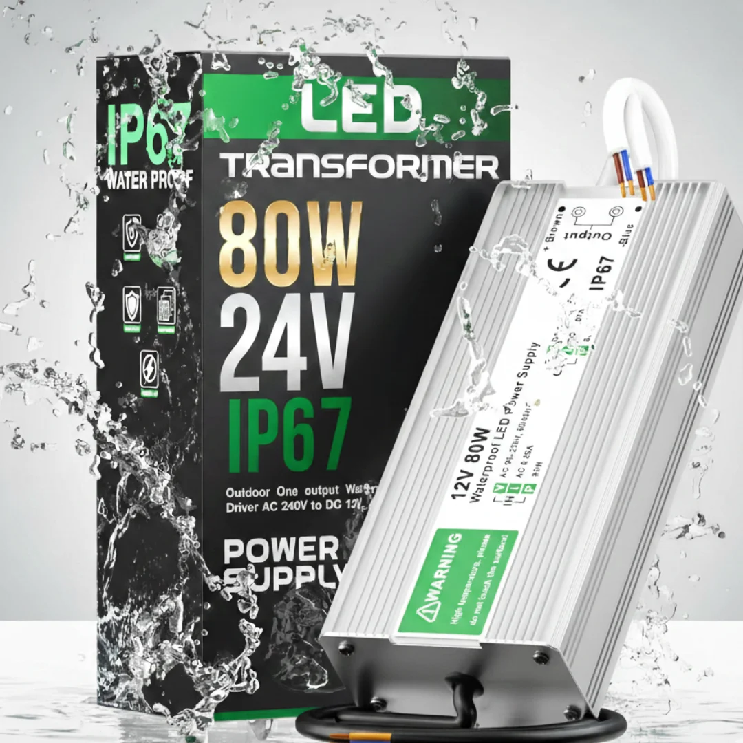 Compact 24V LED driver transformer in aluminium housing, showing input AC socket, output terminals, IP67 waterproof label.
