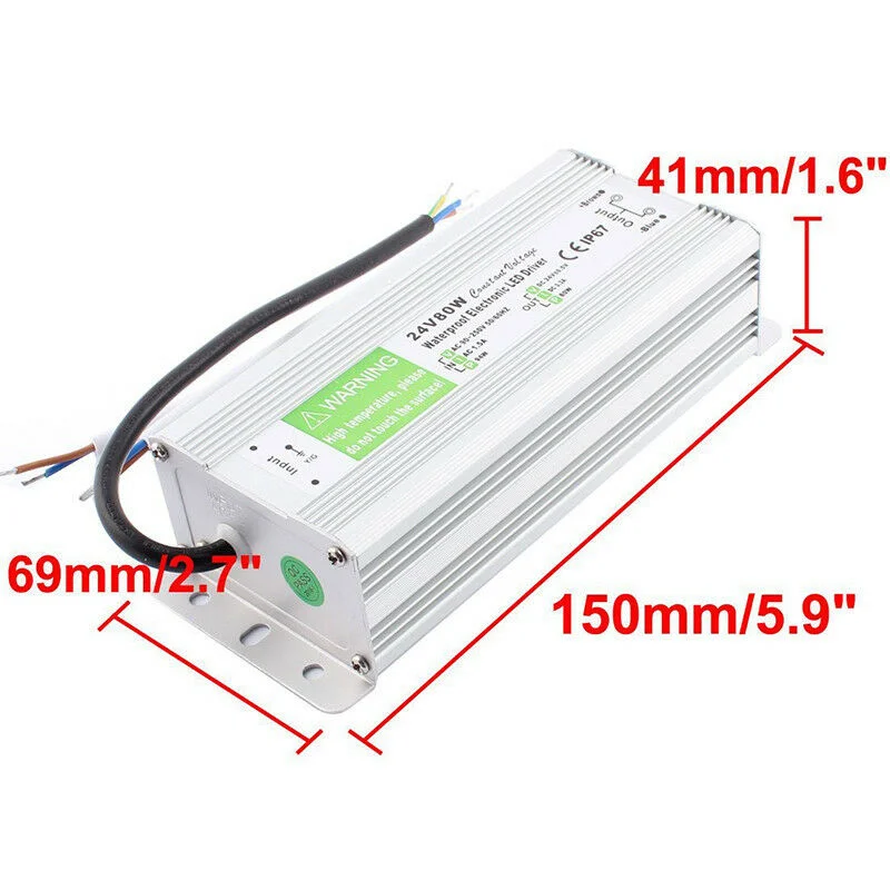 Compact aluminium-bodied 24V 80W LED driver, IP67 waterproof, showing input and output terminals.