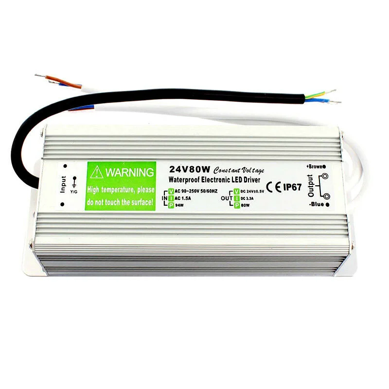 80W LED power supply in rugged aluminium housing, IP67 waterproof rating, 24V output, compact chassis with mounting holes.