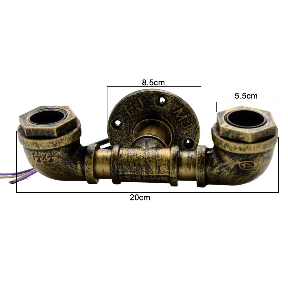 Vintage industrial wall light on metal pipe shape, brushed copper finish, two lamp holders with E27 sockets.