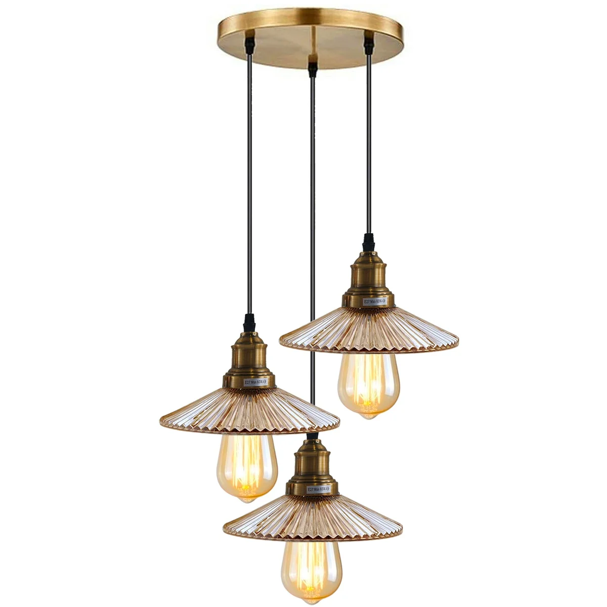 3 way ceiling pendant light with amber glass shades and yellow brass finish, hanging on 95cm cable.