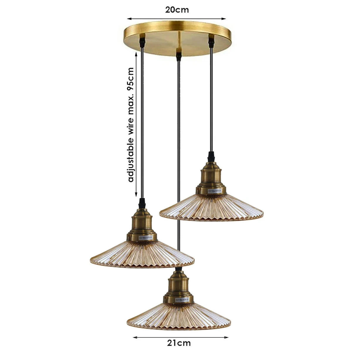 Three glass pendant lampshades attached to a yellow brass ceiling light, featuring amber accents and a 95 cm cord.