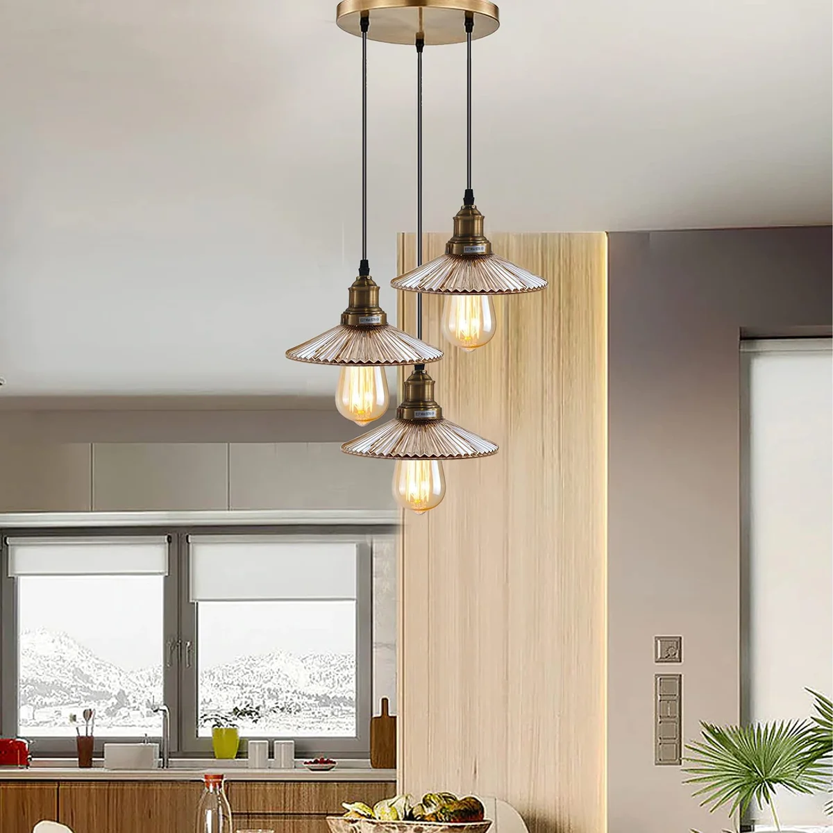 E27 ceiling light kit with three amber‑yellow brass glass pendant lamps and 95cm PVC cable