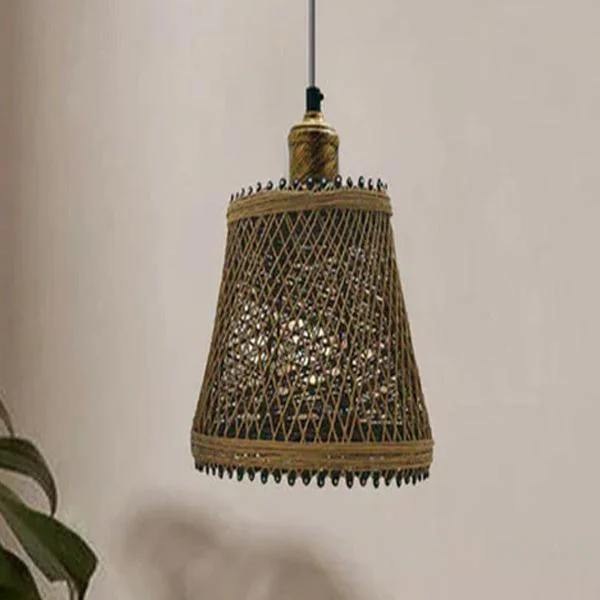 Natural rattan ceiling pendant light, brown wicker shade, brushed copper metal base, 95 cm adjustable string