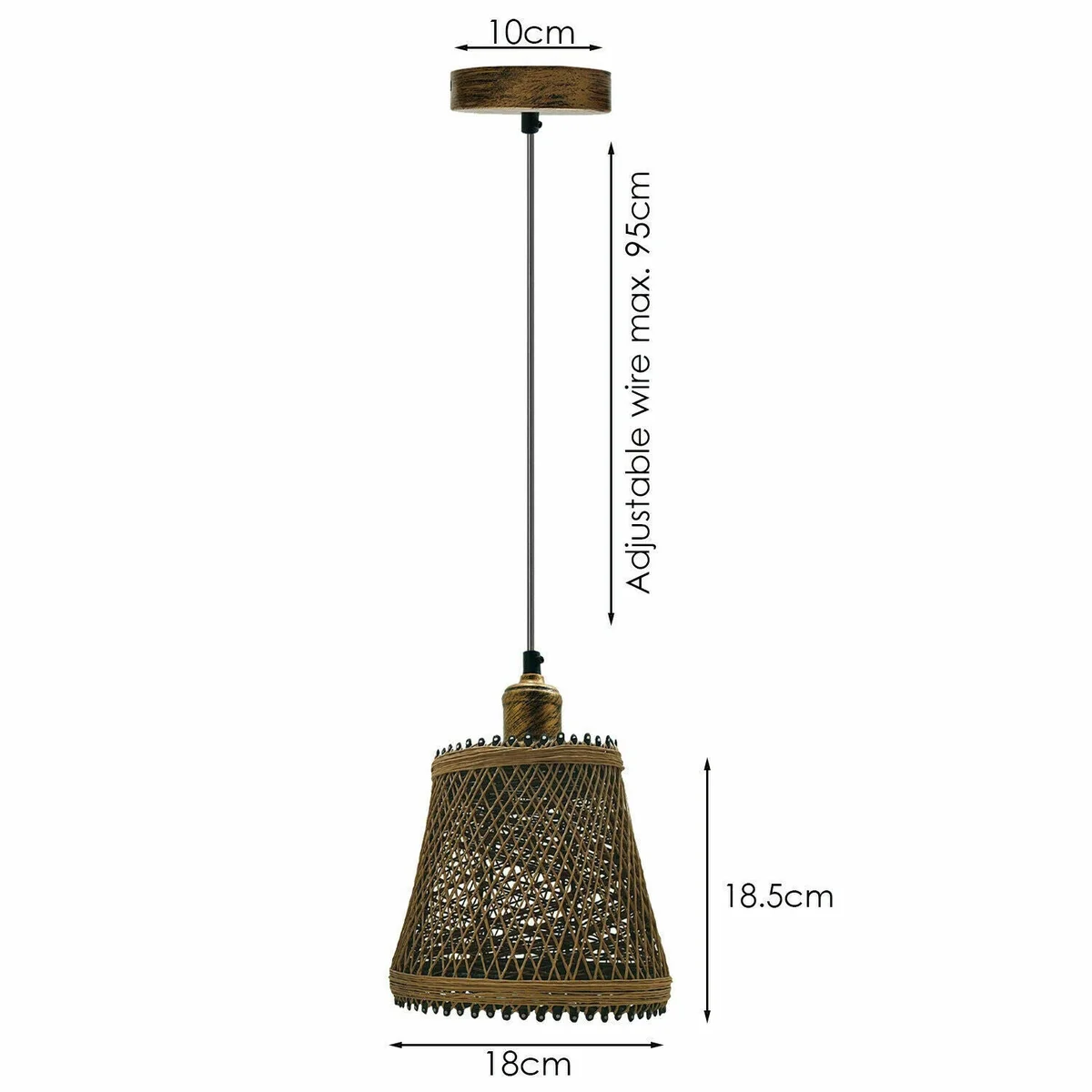 Natural rattan lampshade with brown metal frame, brushed copper pendant base, 95cm adjustable wire, floor to ceiling.