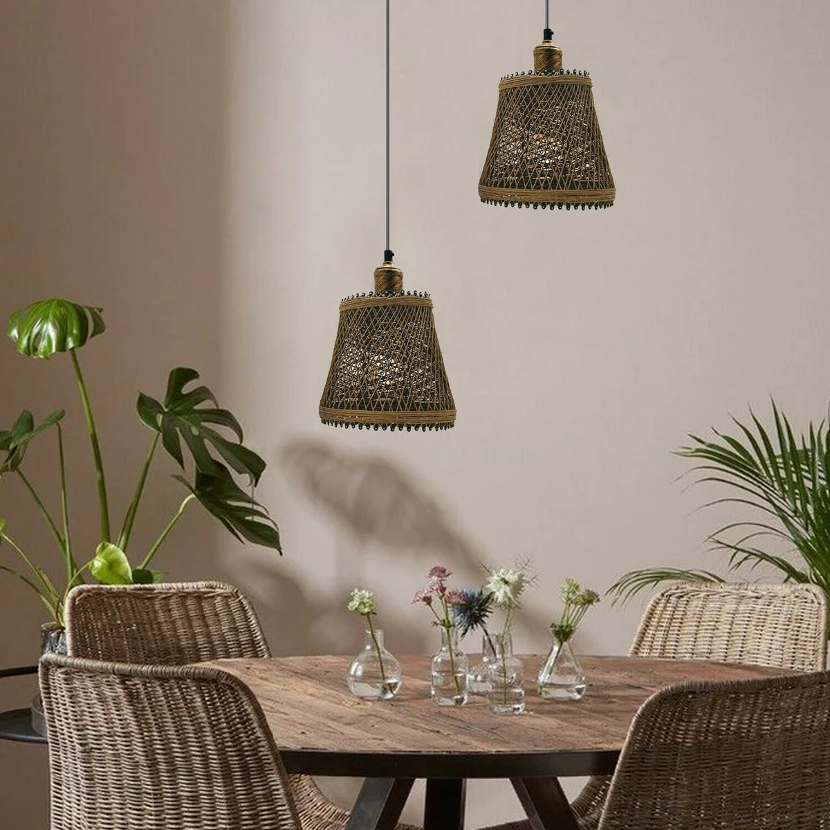 Basket shape pendant light with brown rattan wicker shade, metal frame and 95 cm adjustable wire.