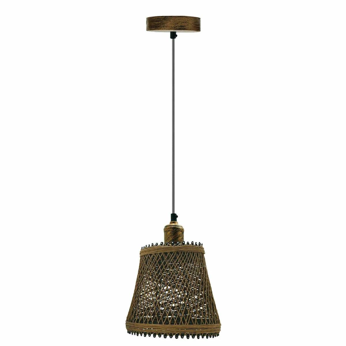 Round metal pendant lighting kit with brown rattan wicker basket shade, 10cm base and 95cm adjustable hanging wire.