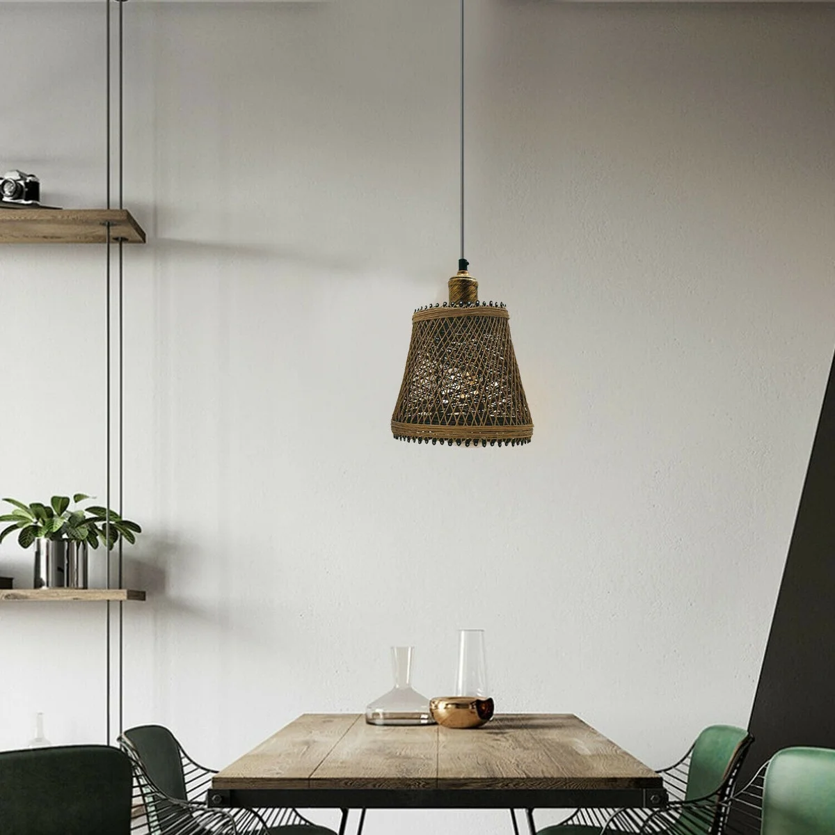 Brown rattan basket pendant light with brushed copper metal frame, adjustable 95 cm chain and E27 ceiling light fitting.