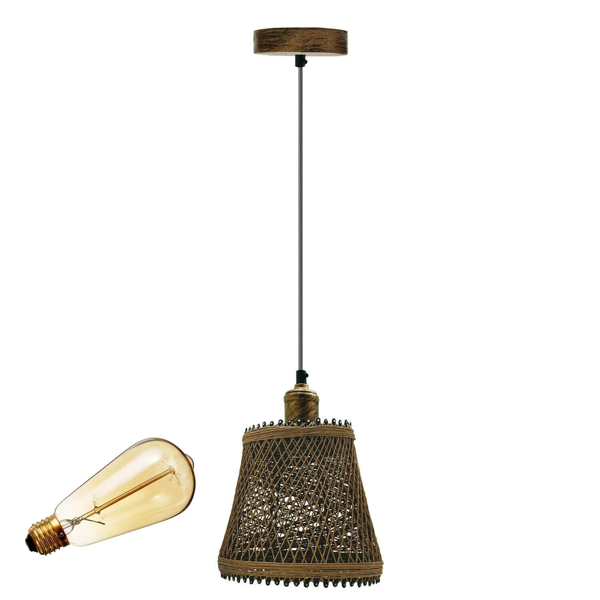 Brown rattan wicker pendant light with metal frame and adjustable 95cm wire, basket‑shaped lampshade, perfect adjustable wire pendant light.